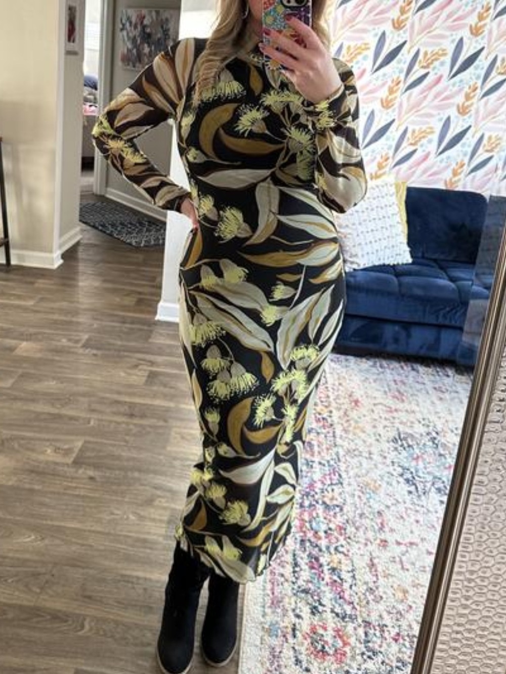 Anthropologie Long Sleeve Mock Neck Printed Slim Midi Dress